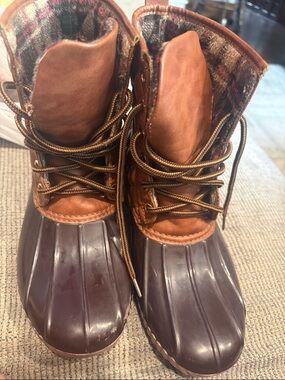 Brown Waterproof Duck Boots with Plaid Lining - Women